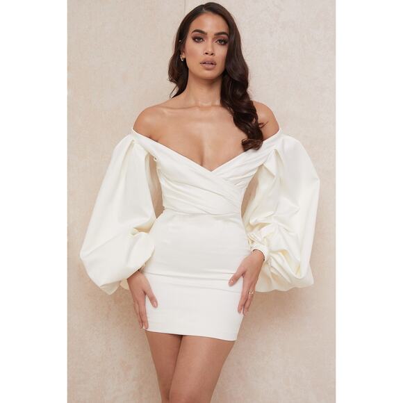 House of CB Carlyn Ivory Satin Balloon Sleeve Mini Dress Size XS Extra Small - Picture 2 of 10